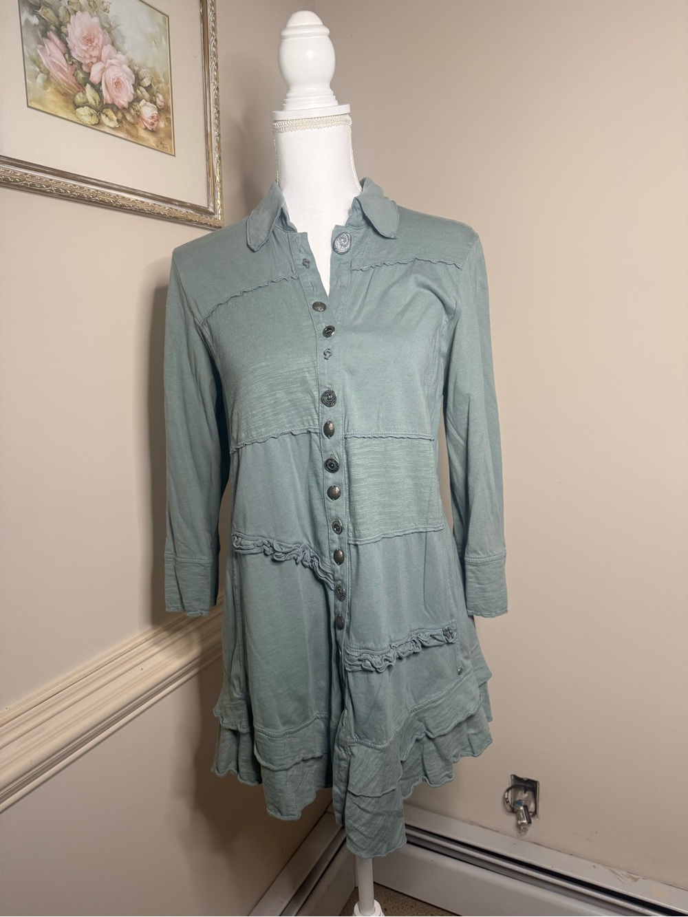 Neon Buddha Sage Green Button-Front Ruffled Tiered Long Sleeve Dress